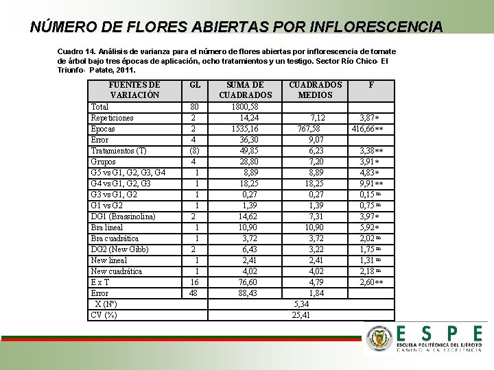 NÚMERO DE FLORES ABIERTAS POR INFLORESCENCIA Cuadro 14. Análisis de varianza para el número