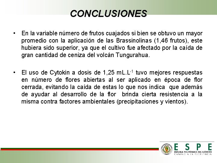 CONCLUSIONES • En la variable número de frutos cuajados si bien se obtuvo un