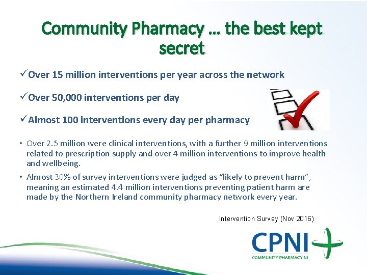 Community Pharmacy … the best kept secret üOver 15 million interventions per year across Community Pharmacy … the best kept secret üOver 15 million interventions per year across
