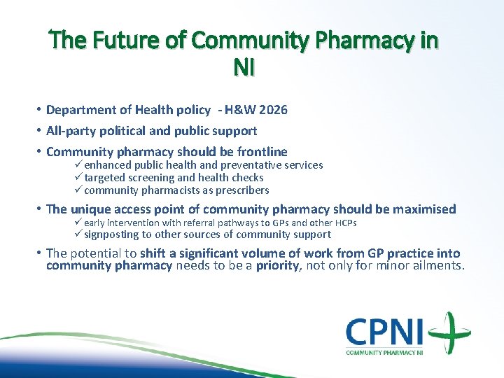 The Future of Community Pharmacy in NI • Department of Health policy - H&W The Future of Community Pharmacy in NI • Department of Health policy - H&W