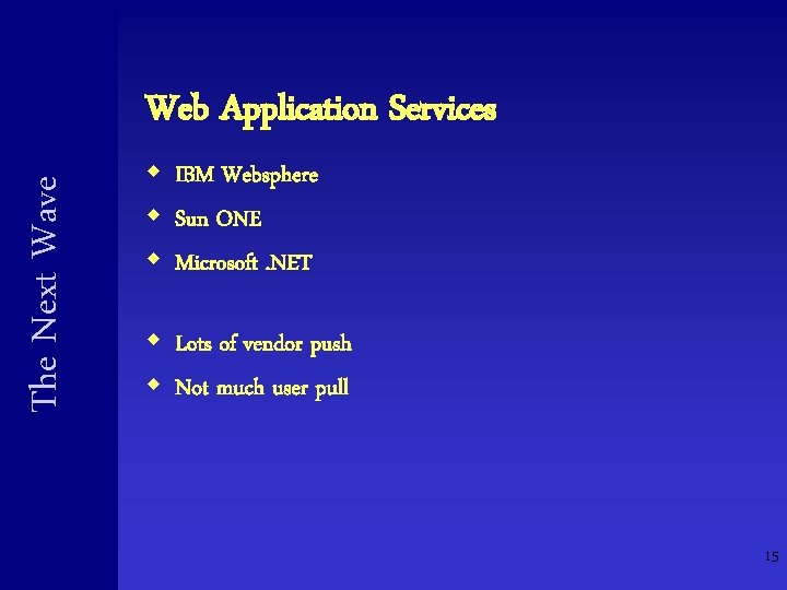 The Next Wave Web Application Services w IBM Websphere w Sun ONE w Microsoft. The Next Wave Web Application Services w IBM Websphere w Sun ONE w Microsoft.