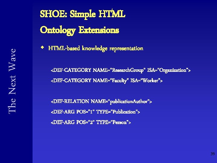 The Next Wave SHOE: Simple HTML Ontology Extensions w HTML-based knowledge representation <DEF-CATEGORY NAME="Research. The Next Wave SHOE: Simple HTML Ontology Extensions w HTML-based knowledge representation <DEF-CATEGORY NAME="Research.
