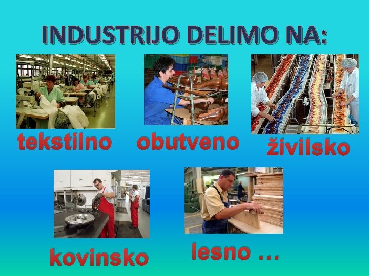 INDUSTRIJO DELIMO NA: tekstilno obutveno kovinsko živilsko lesno … 