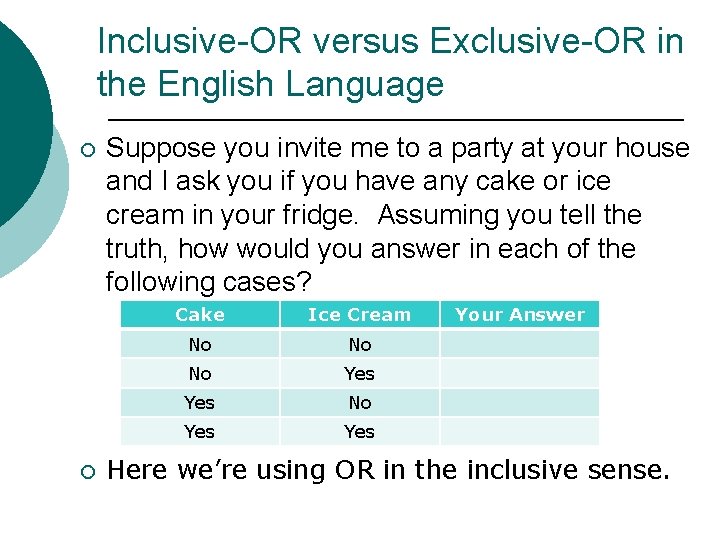 Inclusive-OR versus Exclusive-OR in the English Language ¡ ¡ Suppose you invite me to