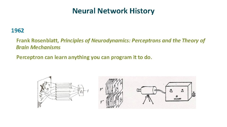 Neural Network History ü 1962 Frank Rosenblatt, Principles of Neurodynamics: Perceptrons and the Theory Neural Network History ü 1962 Frank Rosenblatt, Principles of Neurodynamics: Perceptrons and the Theory