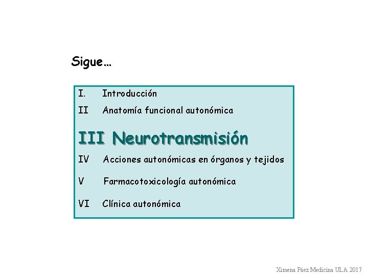 Sigue… I. Introducción II Anatomía funcional autonómica III Neurotransmisión IV Acciones autonómicas en órganos
