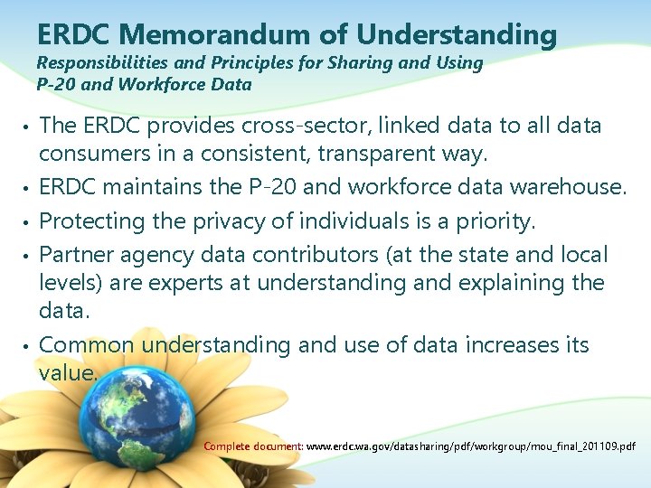 ERDC Memorandum of Understanding Responsibilities and Principles for Sharing and Using P-20 and Workforce