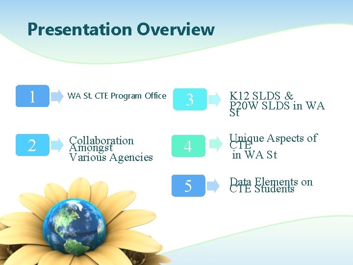 Presentation Overview 1 WA St. CTE Program Office 2 Collaboration Amongst Various Agencies 3