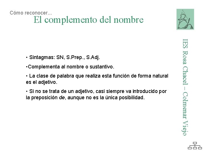 Cómo reconocer. . . El complemento del nombre • Complementa al nombre o sustantivo.