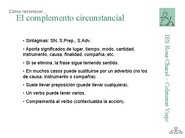 Cómo reconocer. . . El complemento circunstancial • Aporta significados de lugar, tiempo, modo,