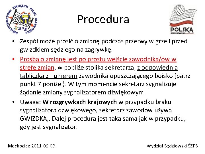 Procedura • Zespół może prosić o zmianę podczas przerwy w grze i przed gwizdkiem