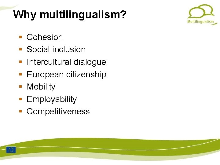 Why multilingualism? Cohesion Social inclusion Intercultural dialogue European citizenship Mobility Employability Competitiveness 