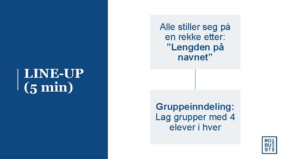 Alle stiller seg på en rekke etter: ”Lengden på navnet” LINE-UP (5 min) Gruppeinndeling: