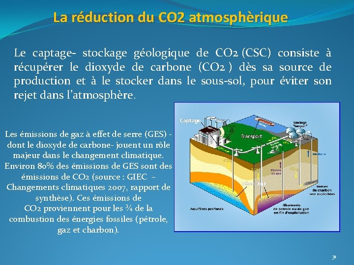 La réduction du CO 2 atmosphèrique Le captage- stockage géologique de CO 2 (CSC) La réduction du CO 2 atmosphèrique Le captage- stockage géologique de CO 2 (CSC)