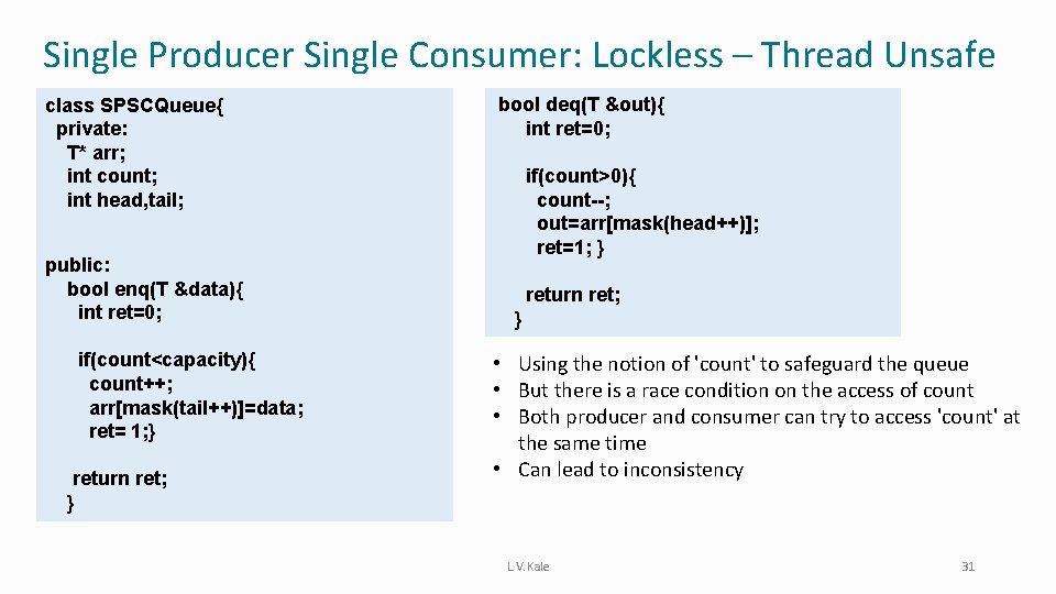 Single Producer Single Consumer: Lockless – Thread Unsafe class SPSCQueue{ private: T* arr; int