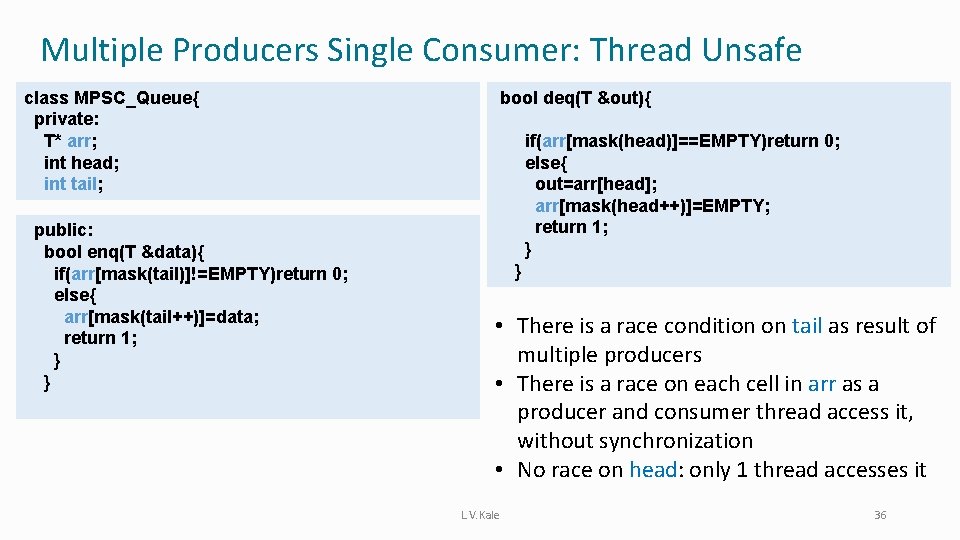 Multiple Producers Single Consumer: Thread Unsafe class MPSC_Queue{ private: T* arr; int head; int