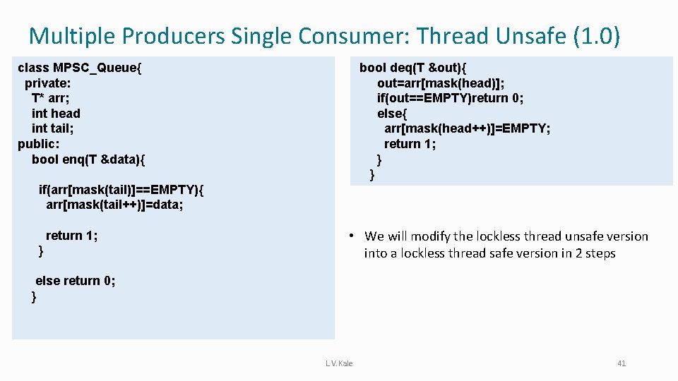 Multiple Producers Single Consumer: Thread Unsafe (1. 0) class MPSC_Queue{ private: T* arr; int