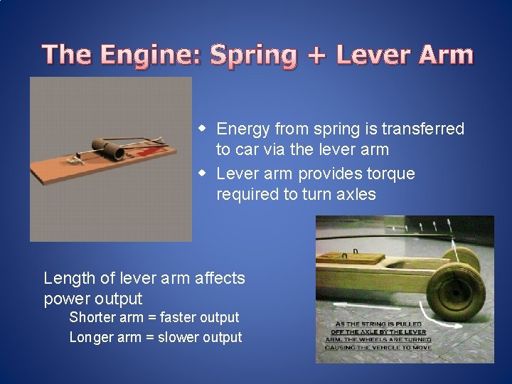 The Engine: Spring + Lever Arm w Energy from spring is transferred to car
