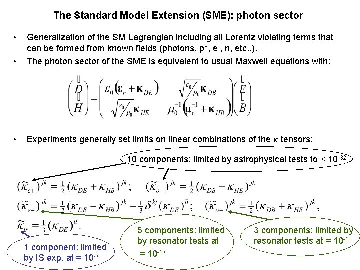The Standard Model Extension (SME): photon sector • • Generalization of the SM Lagrangian