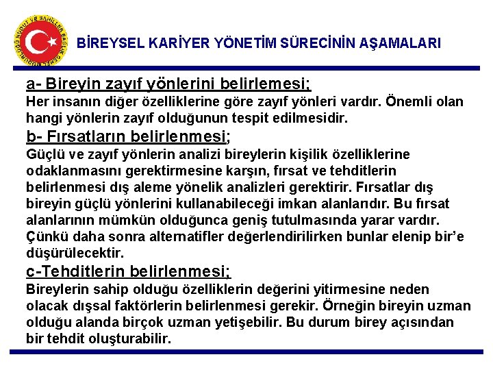 BİREYSEL KARİYER YÖNETİM SÜRECİNİN AŞAMALARI a- Bireyin zayıf yönlerini belirlemesi; Her insanın diğer özelliklerine