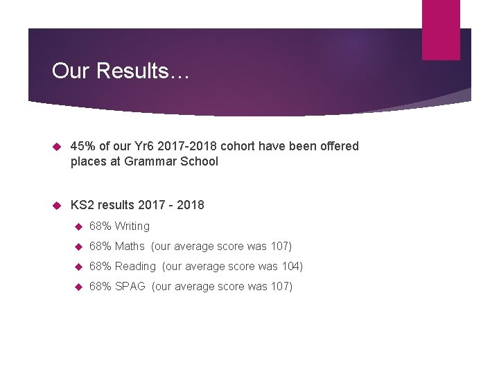 Our Results… 45% of our Yr 6 2017 -2018 cohort have been offered places