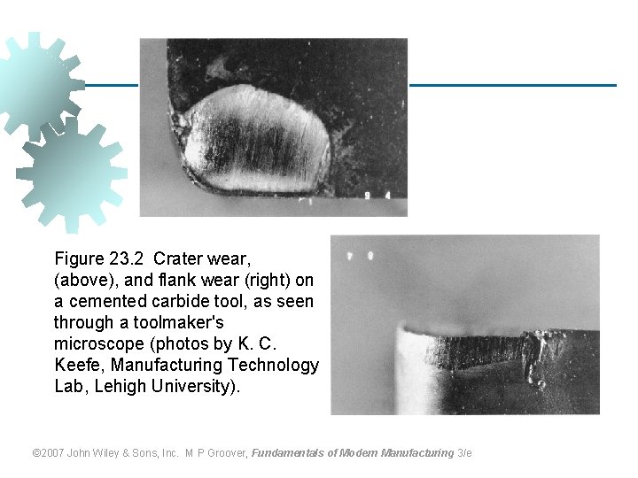 Figure 23. 2 Crater wear, (above), and flank wear (right) on a cemented carbide