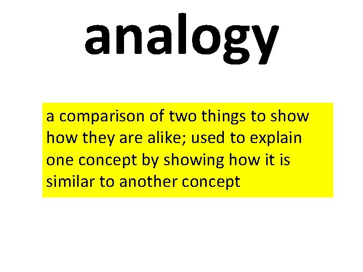 analogy a comparison of two things to show they are alike; used to explain