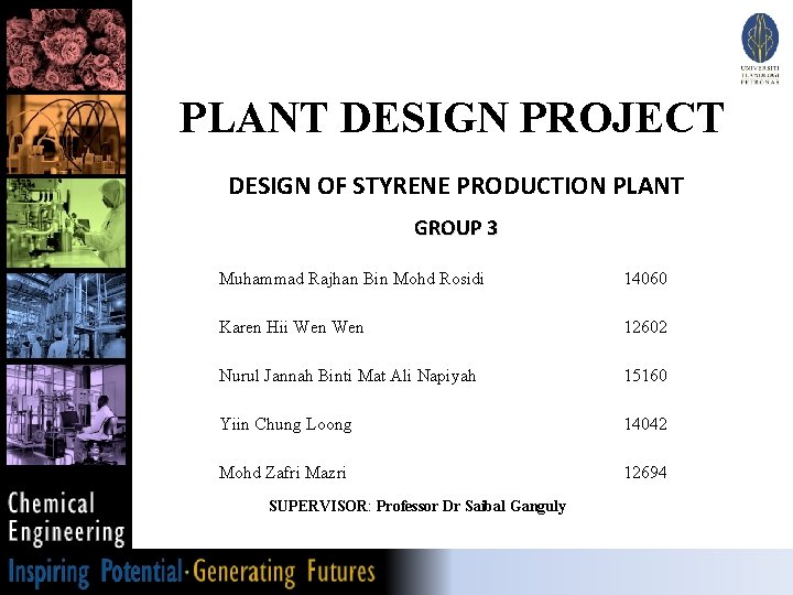 PLANT DESIGN PROJECT DESIGN OF STYRENE PRODUCTION PLANT GROUP 3 Muhammad Rajhan Bin Mohd