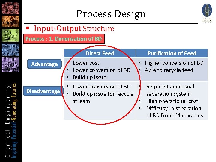Process Design § Input-Output Structure Process : 1. Dimerization of BD Advantage Direct Feed