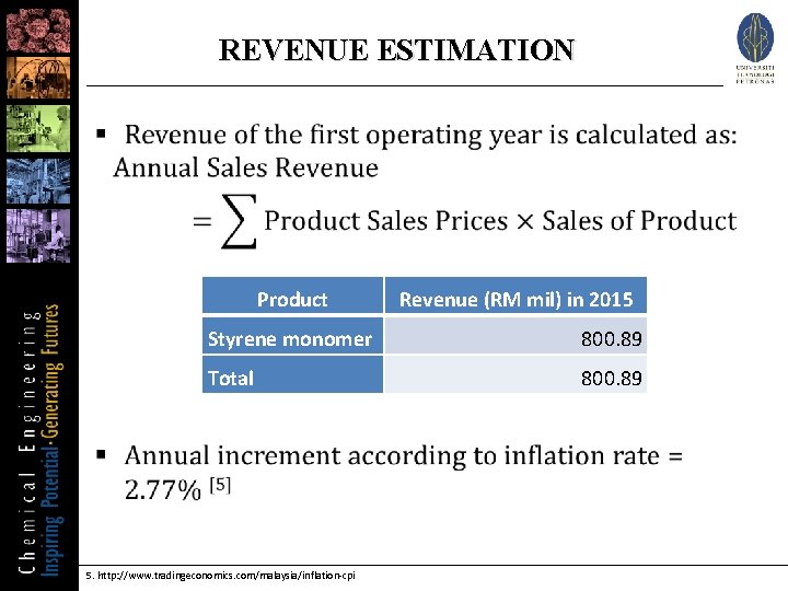 REVENUE ESTIMATION § Product Revenue (RM mil) in 2015 Styrene monomer 800. 89 Total