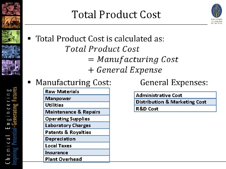 Total Product Cost § Raw Materials Manpower Utilities Maintenance & Repairs Operating Supplies Laboratory