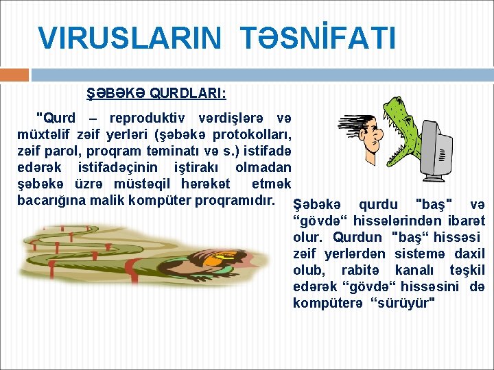 VIRUSLARIN TƏSNİFATI ŞƏBƏKƏ QURDLARI: "Qurd – reproduktiv vərdişlərə və müxtəlif zəif yerləri (şəbəkə protokolları,