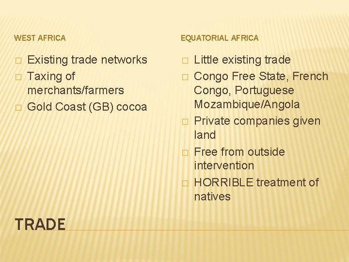 WEST AFRICA � � � Existing trade networks Taxing of merchants/farmers Gold Coast (GB)