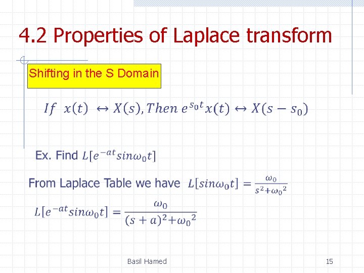 4. 2 Properties of Laplace transform Shifting in the S Domain Basil Hamed 15