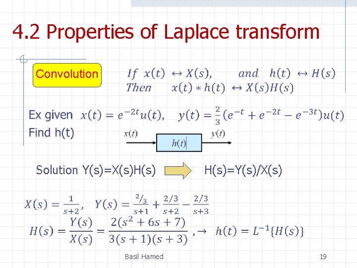 4. 2 Properties of Laplace transform Convolution Solution Y(s)=X(s)H(s) Basil Hamed H(s)=Y(s)/X(s) 19 