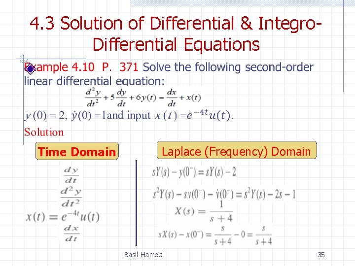 4. 3 Solution of Differential & Integro. Differential Equations Time Domain Laplace (Frequency) Domain