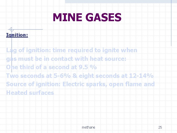 MINE GASES Ignition: Lag of ignition: time required to ignite when gas must be
