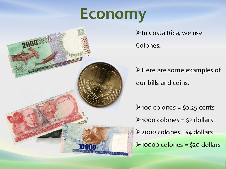 Economy ØIn Costa Rica, we use Colones. ØHere are some examples of our bills