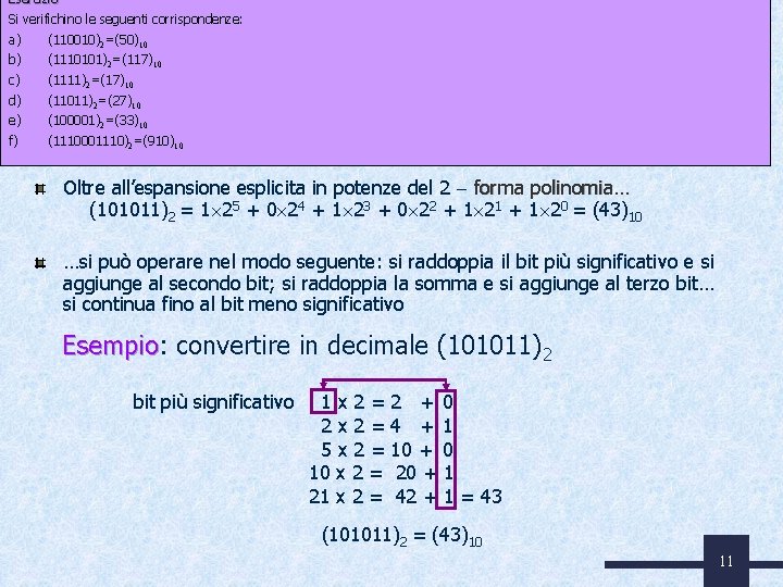 Esercizio Si verifichino le seguenti corrispondenze: a) b) c) d) e) f) (110010)2=(50)10 (1110101)2=(117)10