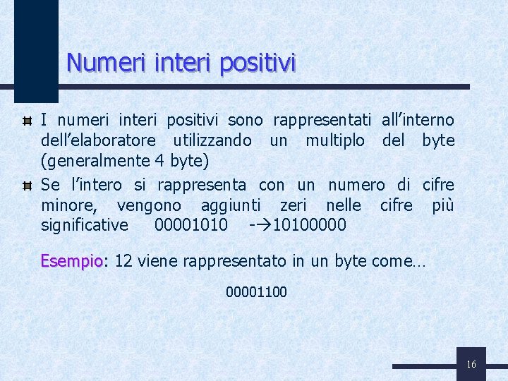 Numeri interi positivi I numeri interi positivi sono rappresentati all’interno dell’elaboratore utilizzando un multiplo