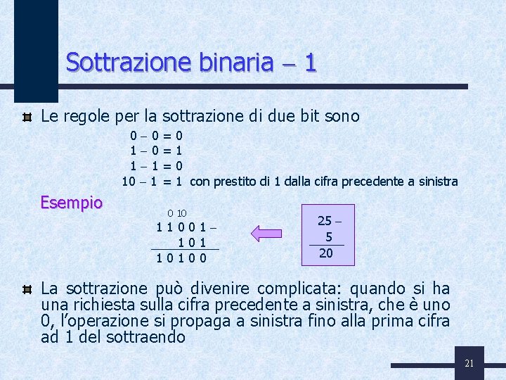 Sottrazione binaria 1 Le regole per la sottrazione di due bit sono 0 0