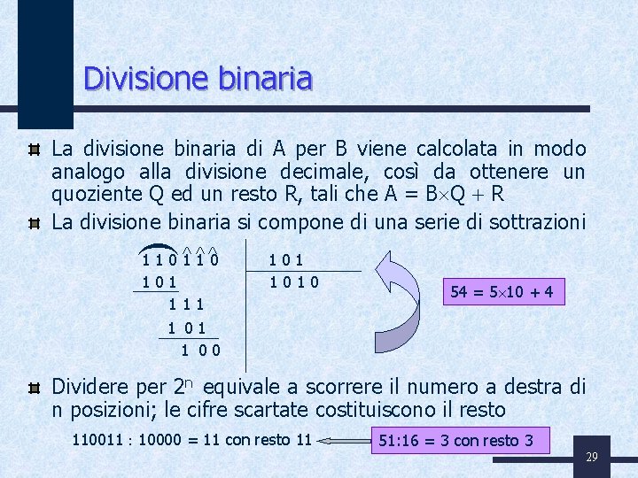 Divisione binaria ( La divisione binaria di A per B viene calcolata in modo