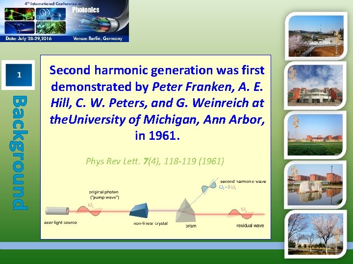 Second harmonic generation was first demonstrated by Peter Franken, A. E. Hill, C. W.