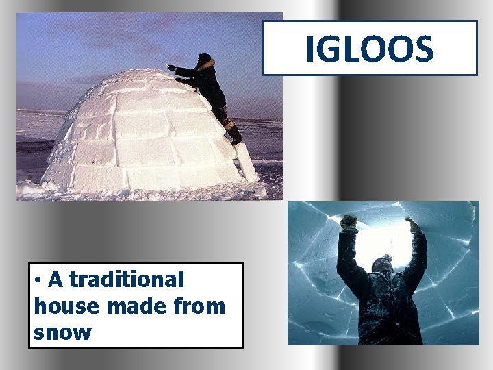 IGLOOS • A traditional house made from snow 
