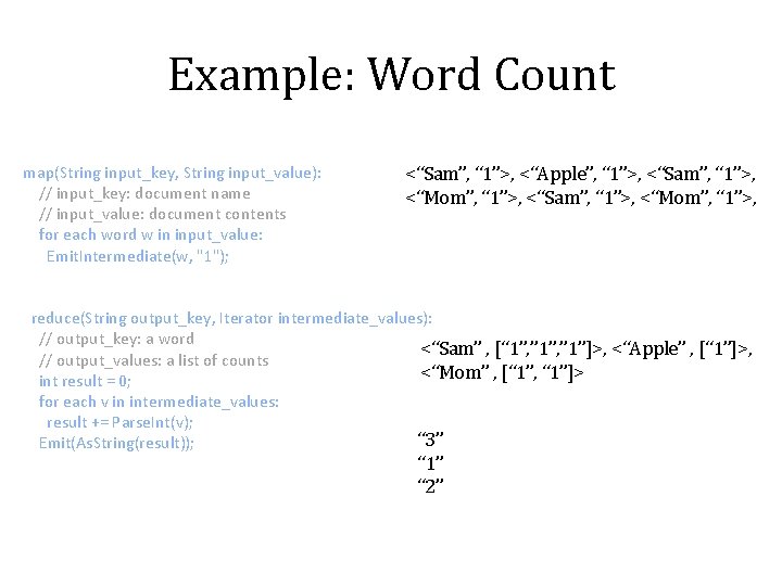 Example: Word Count map(String input_key, String input_value): // input_key: document name // input_value: document