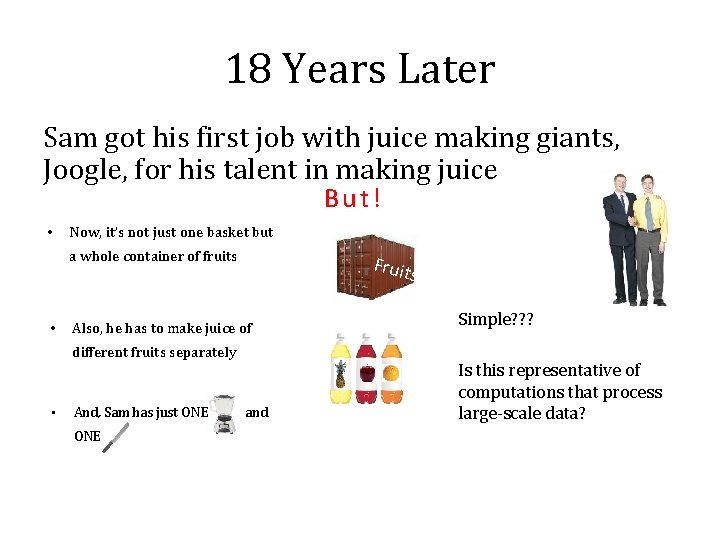 18 Years Later Sam got his first job with juice making giants, Joogle, for