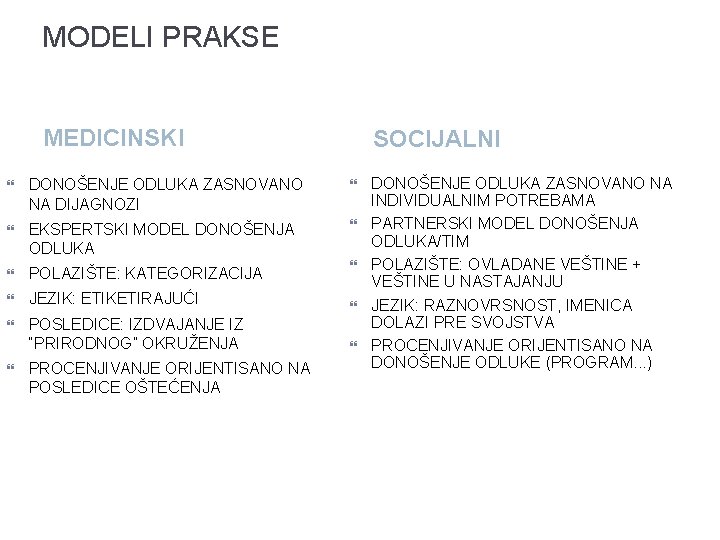 MODELI PRAKSE MEDICINSKI SOCIJALNI DONOŠENJE ODLUKA ZASNOVANO NA DIJAGNOZI EKSPERTSKI MODEL DONOŠENJA ODLUKA POLAZIŠTE: