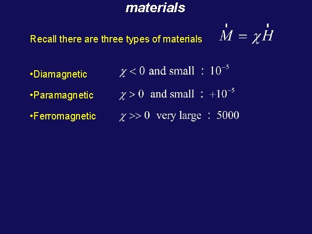 materials Recall there are three types of materials • Diamagnetic • Paramagnetic • Ferromagnetic materials Recall there are three types of materials • Diamagnetic • Paramagnetic • Ferromagnetic
