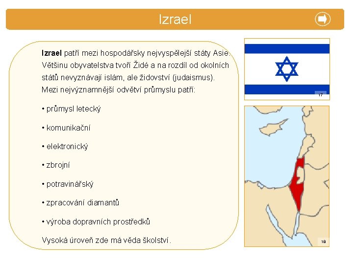 X. Zajímavosti Izrael patří mezi hospodářsky nejvyspělejší státy Asie. Většinu obyvatelstva tvoří Židé a