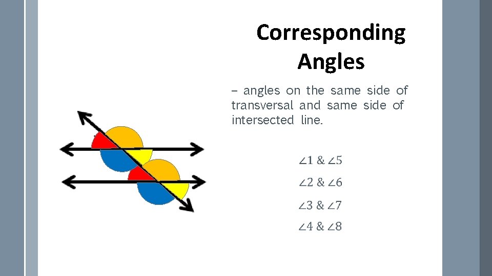 Corresponding Angles – angles on the same side of transversal and same side of